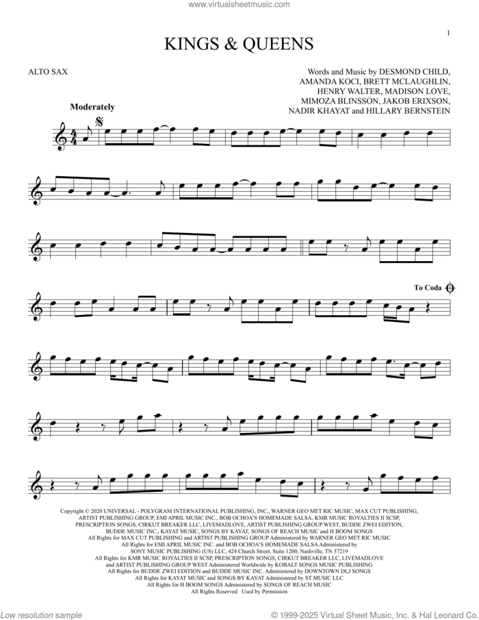 Kings and Queens sheet music for alto saxophone solo by Ava Max, Amanda Koci, Brett McLaughlin, Desmond Child, Henry Walter, Hillary Bernstein, Jakob Erixson, Madison Love, Mimoza Blinsson and Nadir Khayat, intermediate skill level