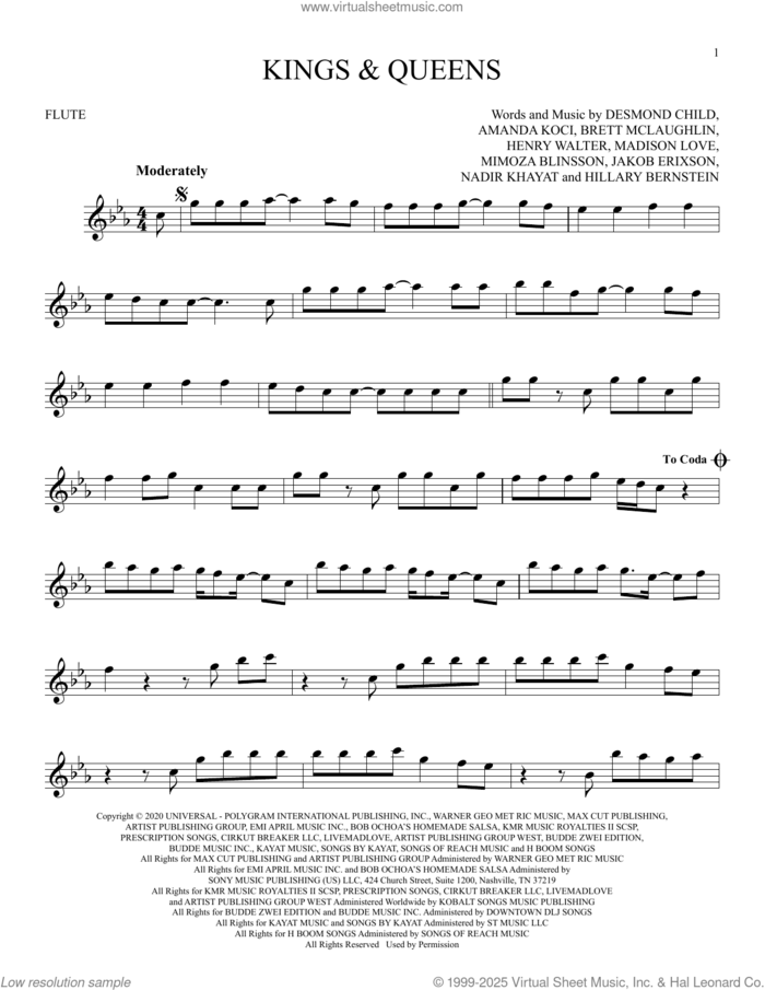 Kings and Queens sheet music for flute solo by Ava Max, Amanda Koci, Brett McLaughlin, Desmond Child, Henry Walter, Hillary Bernstein, Jakob Erixson, Madison Love, Mimoza Blinsson and Nadir Khayat, intermediate skill level