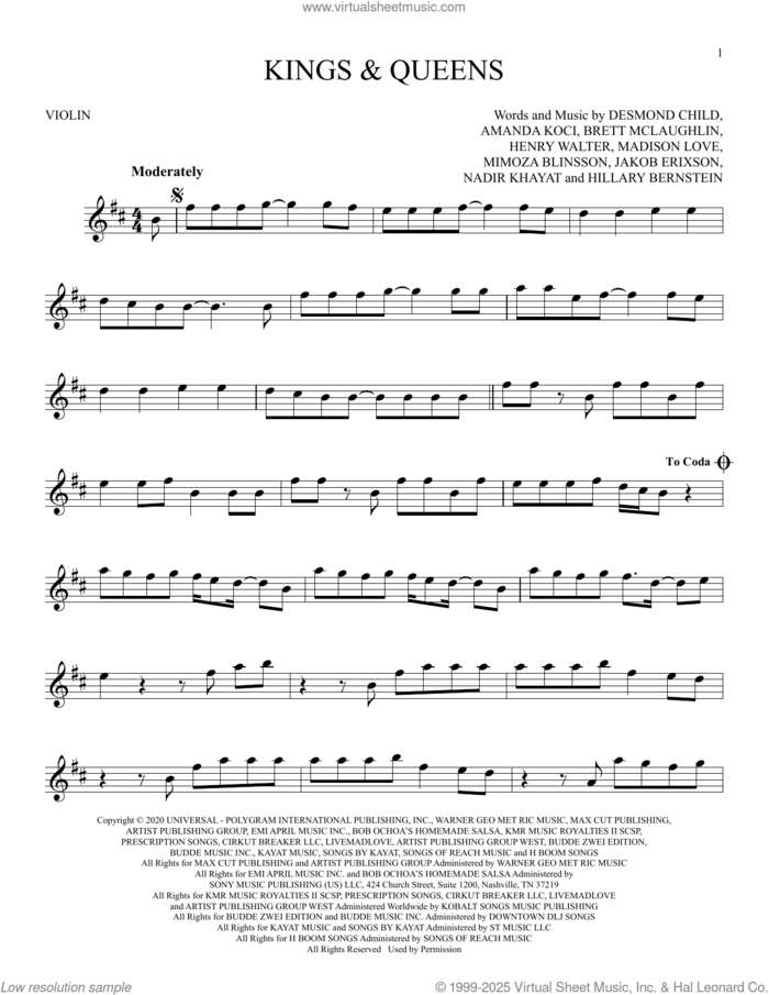 Kings and Queens sheet music for violin solo by Ava Max, Amanda Koci, Brett McLaughlin, Desmond Child, Henry Walter, Hillary Bernstein, Jakob Erixson, Madison Love, Mimoza Blinsson and Nadir Khayat, intermediate skill level