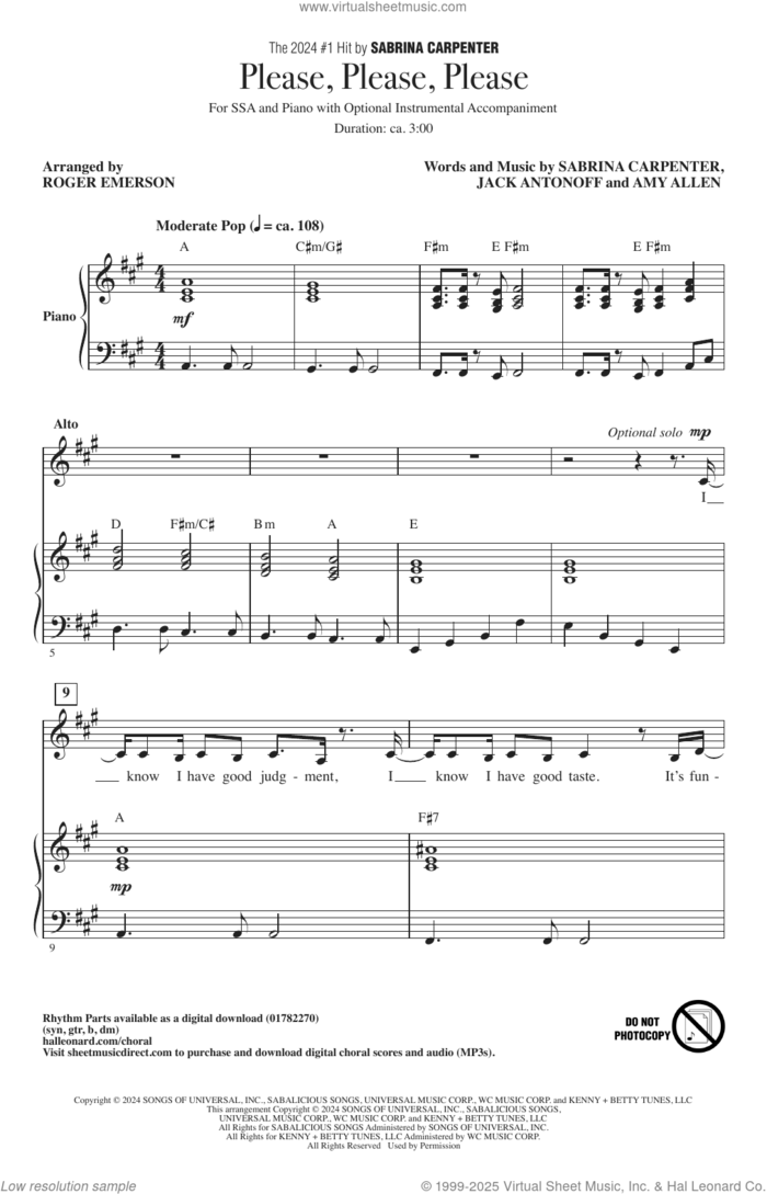 Please Please Please (arr. Roger Emerson) sheet music for choir (SSA: soprano, alto) by Sabrina Carpenter, Roger Emerson, Amy Allen and Jack Antonoff, intermediate skill level