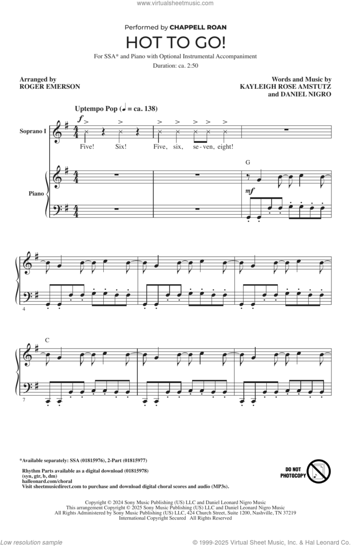 HOT TO GO! (arr. Roger Emerson) sheet music for choir (SSA: soprano, alto) by Chappell Roan, Roger Emerson, Daniel Nigro and Kayleigh Rose Amstutz, intermediate skill level