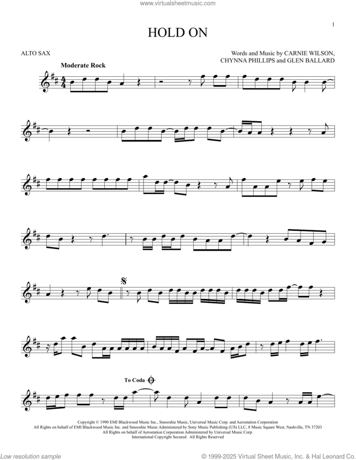 Hold On sheet music for alto saxophone solo by Wilson Phillips, Carnie Wilson, Chynna Phillips and Glen Ballard, intermediate skill level