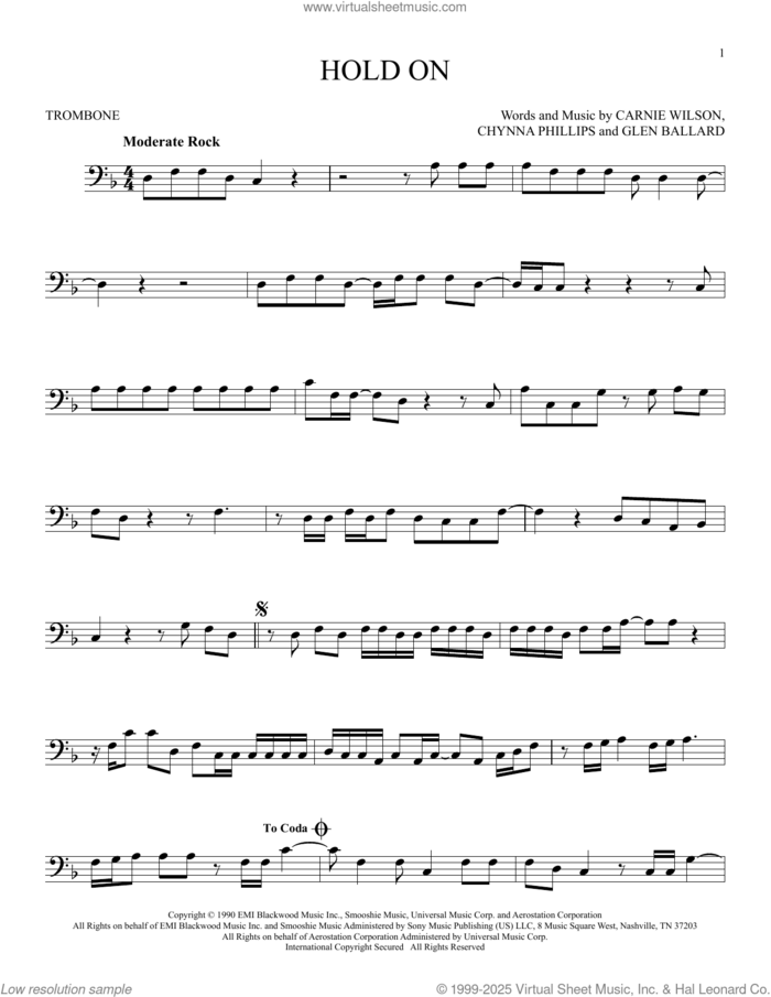 Hold On sheet music for trombone solo by Wilson Phillips, Carnie Wilson, Chynna Phillips and Glen Ballard, intermediate skill level