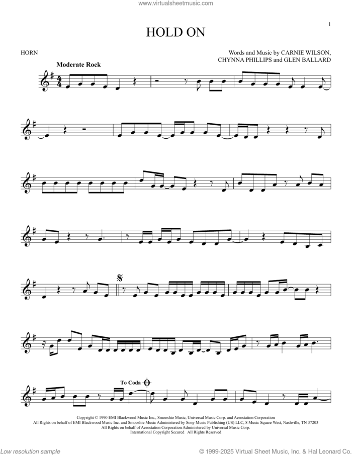 Hold On sheet music for horn solo by Wilson Phillips, Carnie Wilson, Chynna Phillips and Glen Ballard, intermediate skill level