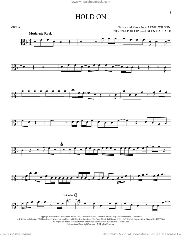 Hold On sheet music for viola solo by Wilson Phillips, Carnie Wilson, Chynna Phillips and Glen Ballard, intermediate skill level