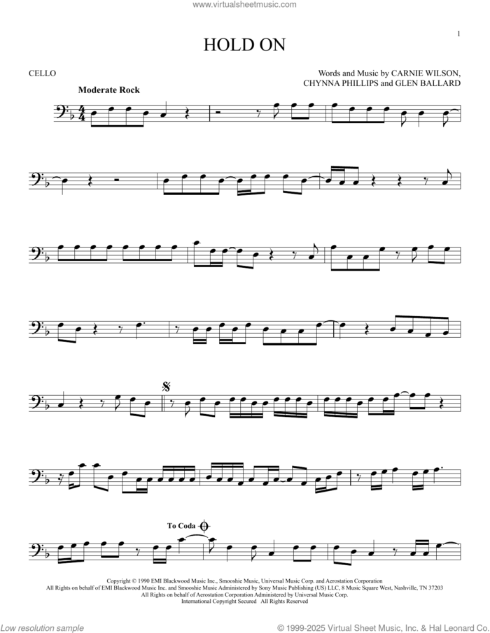 Hold On sheet music for cello solo by Wilson Phillips, Carnie Wilson, Chynna Phillips and Glen Ballard, intermediate skill level