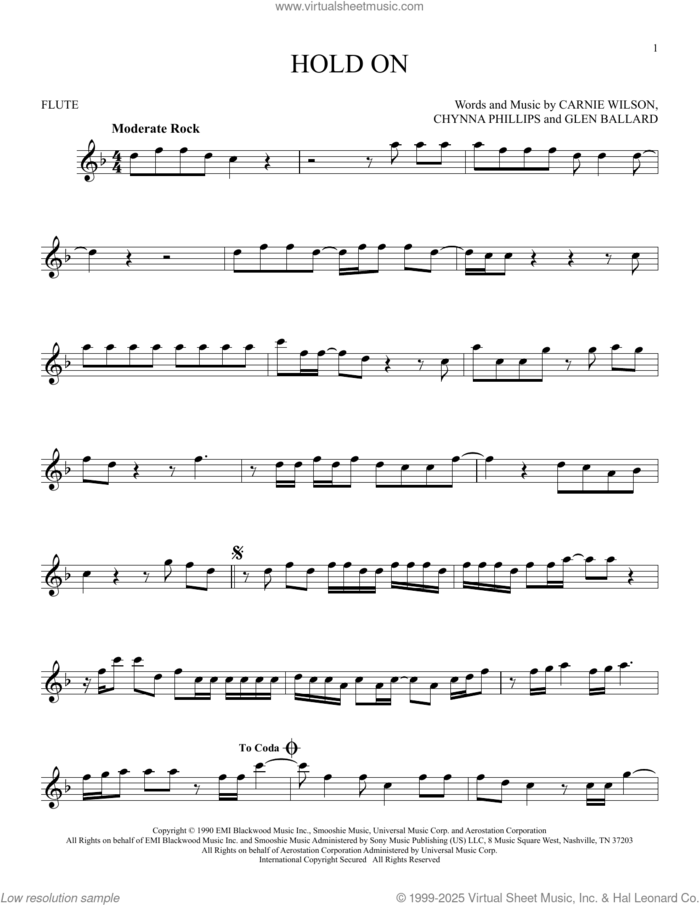 Hold On sheet music for flute solo by Wilson Phillips, Carnie Wilson, Chynna Phillips and Glen Ballard, intermediate skill level