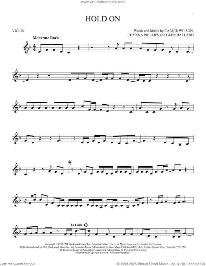 Hold On sheet music for violin solo by Wilson Phillips, Carnie Wilson, Chynna Phillips and Glen Ballard, intermediate skill level