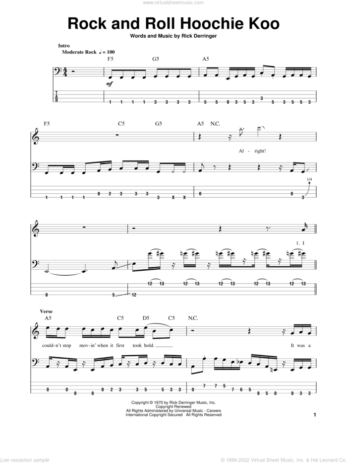 Rock And Roll Hoochie Koo sheet music for bass (tablature) (bass guitar) by Rick Derringer, intermediate skill level