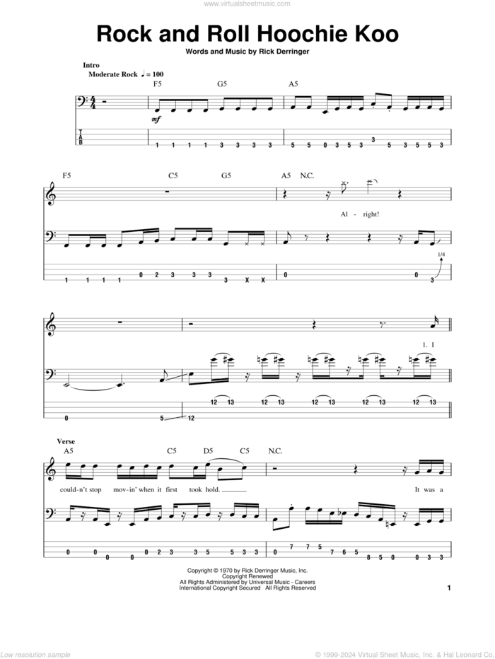 Rock And Roll Hoochie Koo sheet music for bass (tablature) (bass guitar) by Rick Derringer, intermediate skill level