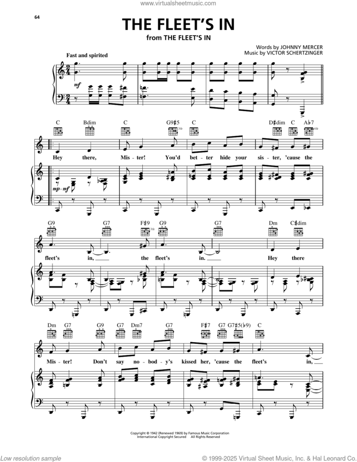 The Fleet's In sheet music for voice, piano or guitar by Victor Schertzinger and Johnny Mercer, intermediate skill level