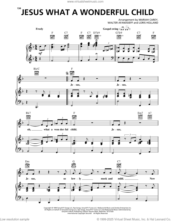 Jesus What A Wonderful Child sheet music for voice, piano or guitar by Mariah Carey, Loris Holland (arr.) and Walter Afanasieff (arr.), intermediate skill level