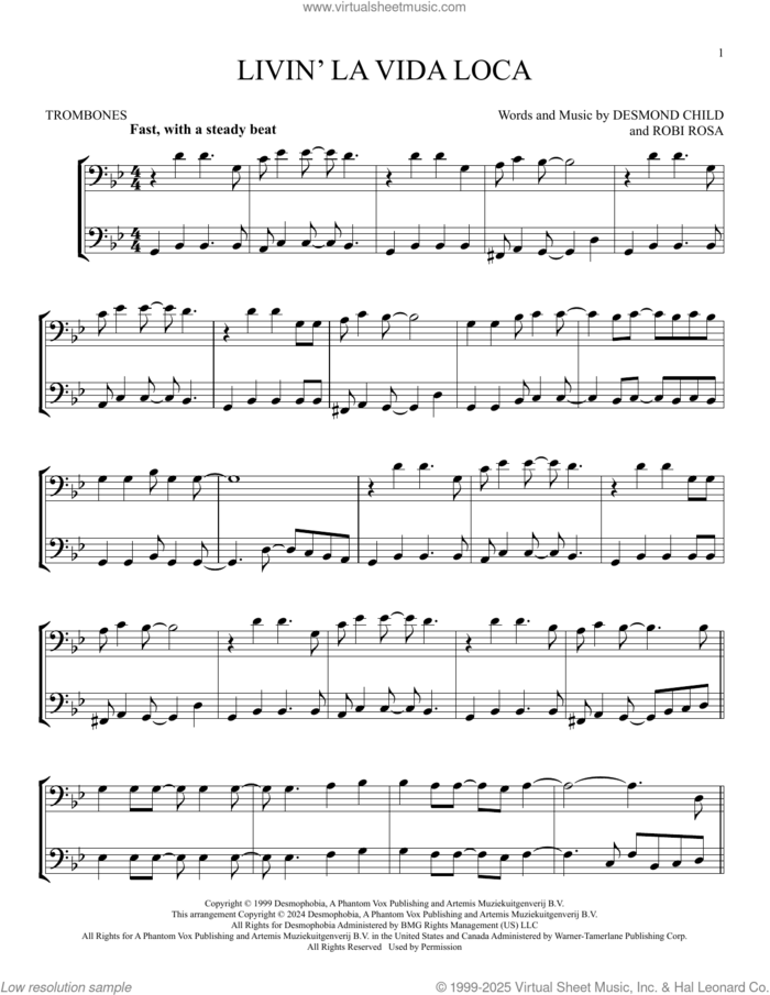 Livin' La Vida Loca sheet music for two trombones (duet, duets) by Ricky Martin, Desmond Child and Robi Rosa, intermediate skill level