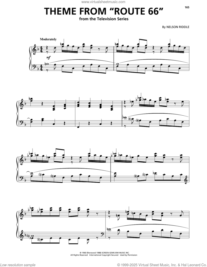 Theme From 'Route 66' sheet music for piano solo by Nelson Riddle, intermediate skill level