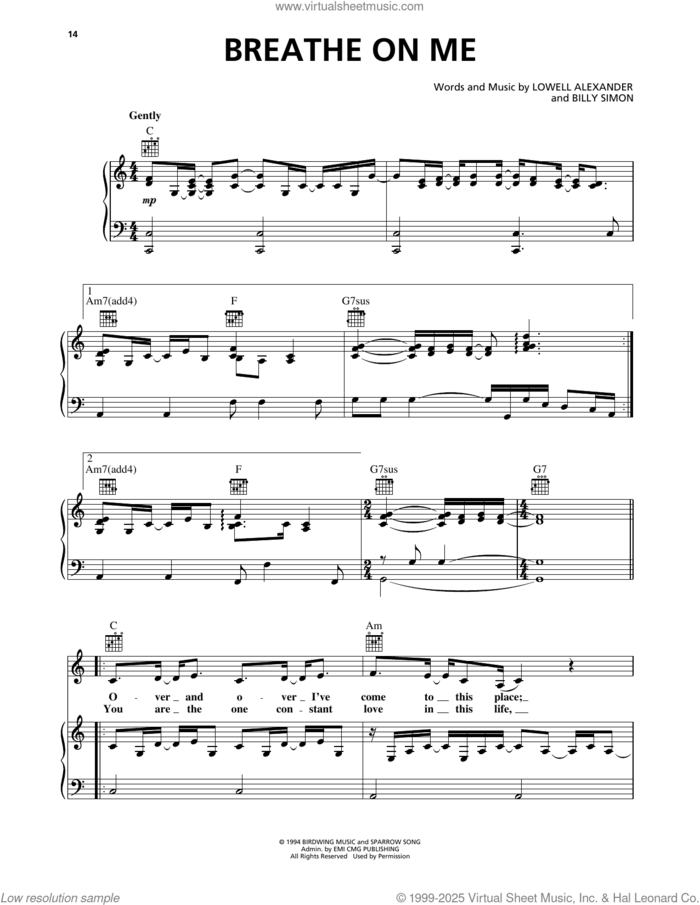 Breathe On Me sheet music for voice, piano or guitar by Ashton, Becker, & Dente, Billy Simon and Lowell Alexander, intermediate skill level