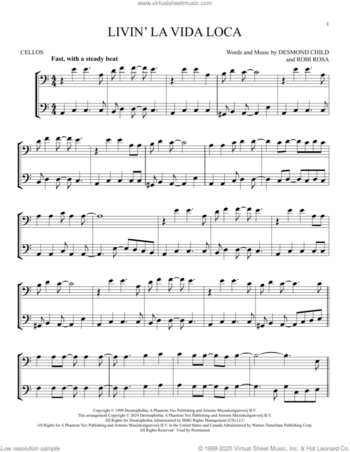 Livin' La Vida Loca sheet music for two cellos (duet, duets) by Ricky Martin, Desmond Child and Robi Rosa, intermediate skill level