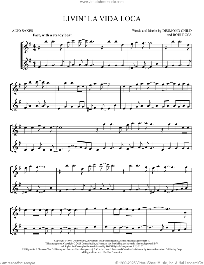 Livin' La Vida Loca sheet music for two alto saxophones (duets) by Ricky Martin, Desmond Child and Robi Rosa, intermediate skill level