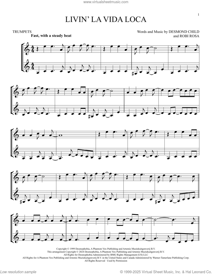 Livin' La Vida Loca sheet music for two trumpets (duet, duets) by Ricky Martin, Desmond Child and Robi Rosa, intermediate skill level