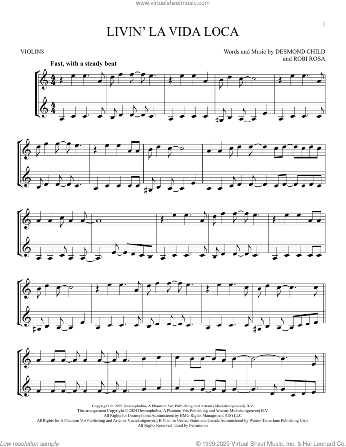 Livin' La Vida Loca sheet music for two violins (duets, violin duets) by Ricky Martin, Desmond Child and Robi Rosa, intermediate skill level