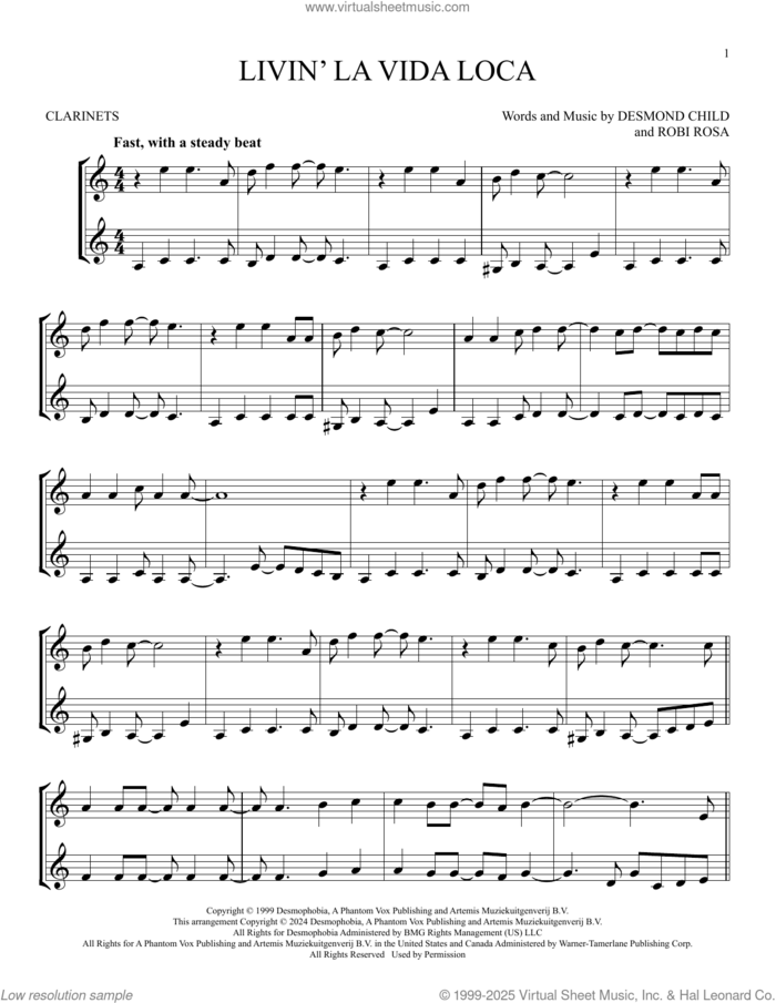 Livin' La Vida Loca sheet music for two clarinets (duets) by Ricky Martin, Desmond Child and Robi Rosa, intermediate skill level