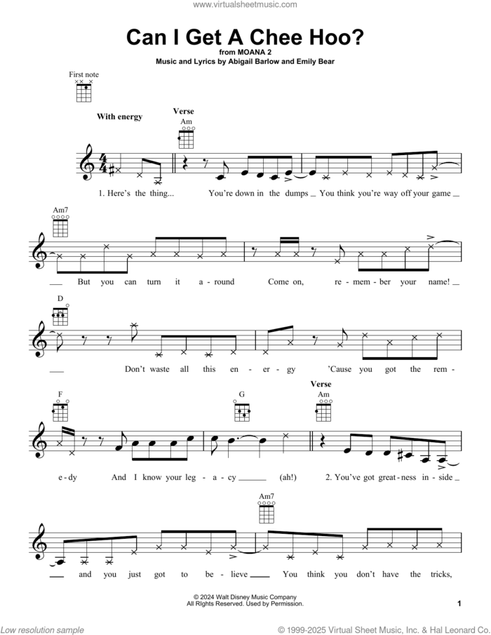 Can I Get A Chee Hoo? (from Moana 2) sheet music for ukulele by Abigail Barlow & Emily Bear, Abigail Barlow and Emily Bear, intermediate skill level