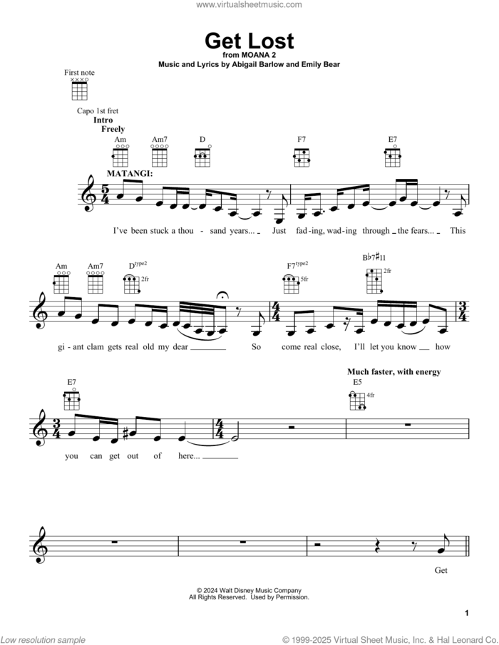 Get Lost (from Moana 2) sheet music for ukulele by Abigail Barlow & Emily Bear, Abigail Barlow and Emily Bear, intermediate skill level