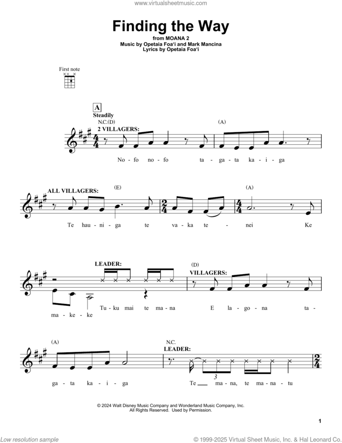 Finding The Way (from Moana 2) sheet music for ukulele by Opetaia Foa'i and Mark Mancina, intermediate skill level