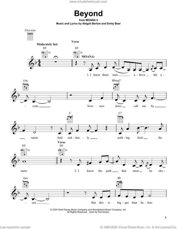 Beyond (from Moana 2) sheet music for ukulele by Abigail Barlow & Emily Bear, Abigail Barlow and Emily Bear, intermediate skill level