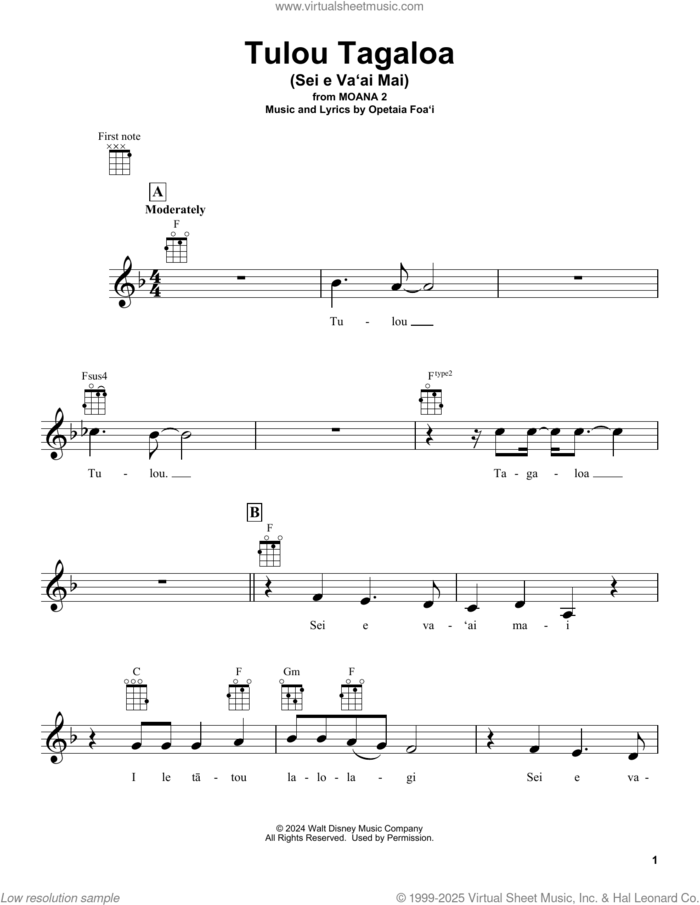 Tulou Tagaloa (Sei e Va'ai Mai) (from Moana 2) sheet music for ukulele by Opetaia Foa'i, intermediate skill level