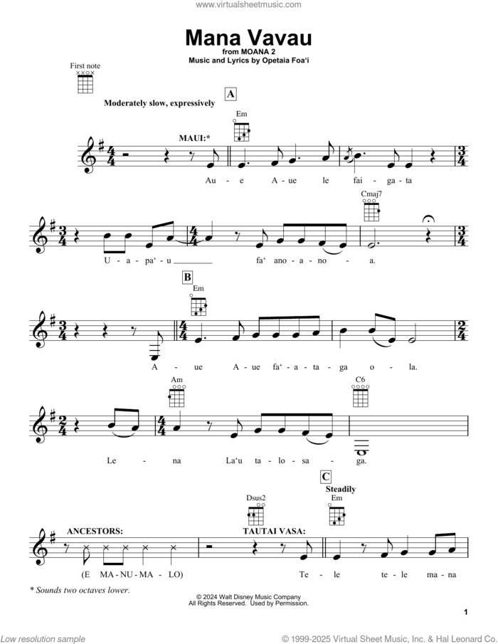 Mana Vavau (from Moana 2) sheet music for ukulele by Opetaia Foa'i, intermediate skill level