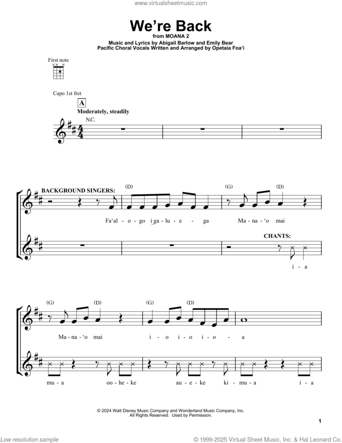 We're Back (from Moana 2) sheet music for ukulele by Opetaia Foa'i, Abigail Barlow and Emily Bear, intermediate skill level