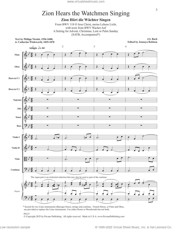 Zion Hears The Watchmen Singing sheet music for orchestra/band (full score) by Johann Sebastian Bach and Jennaya Robison, classical score, intermediate skill level