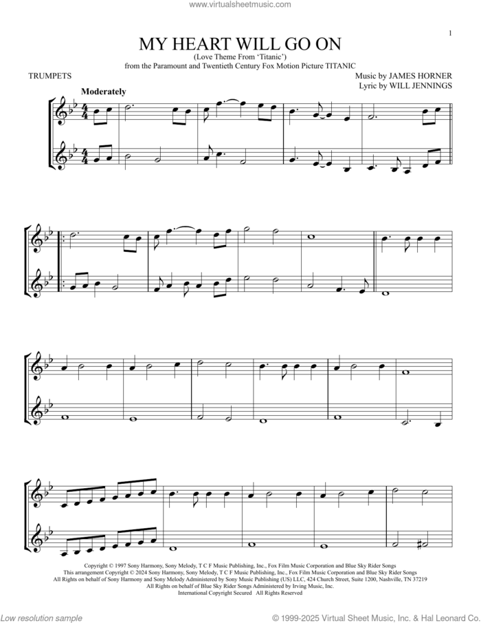 My Heart Will Go On (Love Theme From 'Titanic') sheet music for two trumpets (duet, duets) by Celine Dion, James Horner and Will Jennings, intermediate skill level