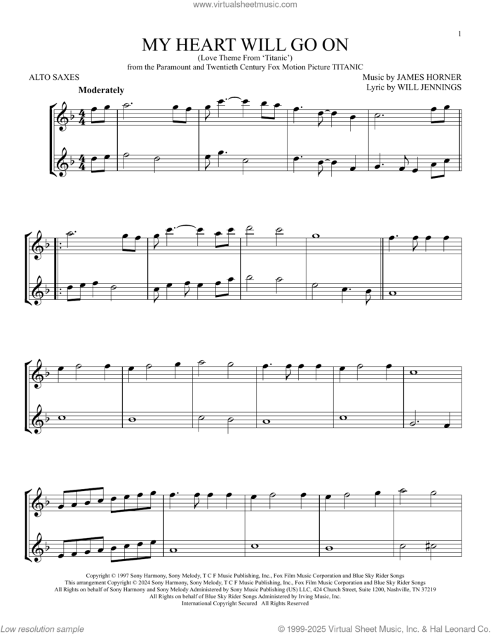 My Heart Will Go On (Love Theme From 'Titanic') sheet music for two alto saxophones (duets) by Celine Dion, James Horner and Will Jennings, intermediate skill level