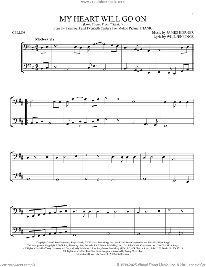 My Heart Will Go On (Love Theme From 'Titanic') sheet music for two cellos (duet, duets) by Celine Dion, James Horner and Will Jennings, intermediate skill level