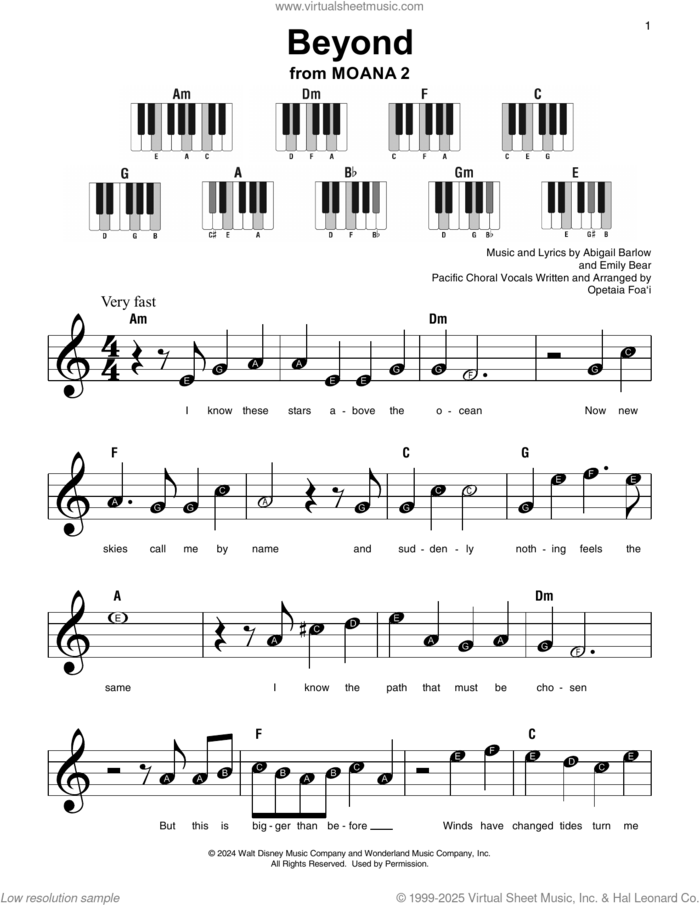 Beyond (from Moana 2), (beginner) sheet music for piano solo by Abigail Barlow & Emily Bear, Abigail Barlow and Emily Bear, beginner skill level