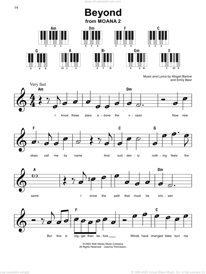 Beyond (from Moana 2) sheet music for piano solo by Abigail Barlow & Emily Bear, Abigail Barlow and Emily Bear, beginner skill level