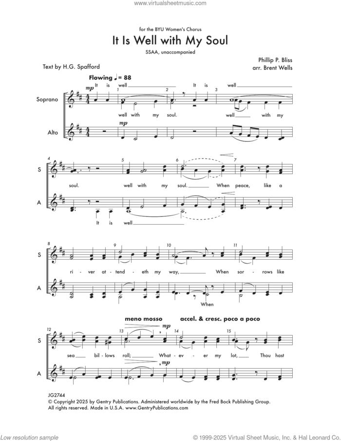 It Is Well With My Soul sheet music for choir (SSAA: soprano, alto) by Brent Wells, intermediate skill level