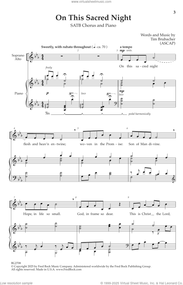 On This Sacred Night sheet music for choir (SATB: soprano, alto, tenor, bass) by Tim Brubacher, intermediate skill level