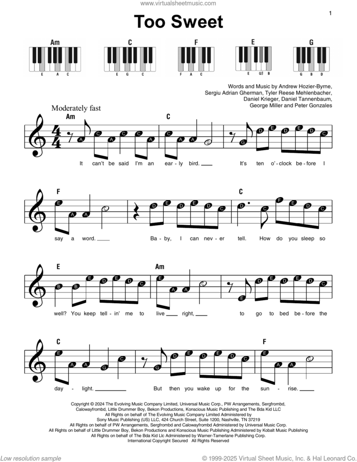 Too Sweet sheet music for piano solo by Hozier, Andrew Hozier-Byrne, Daniel Krieger, Daniel Tannenbaum, George Miller, Peter Gonzales, Sergiu Adrian Gherman and Tyler Reese Mehlenbacher, beginner skill level