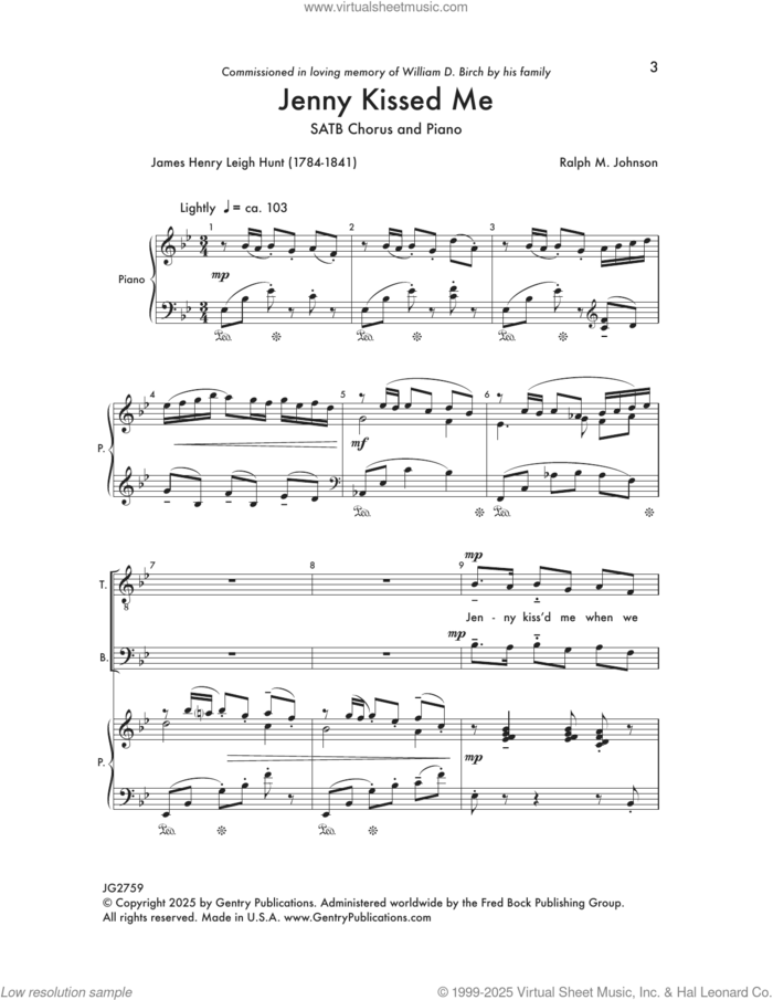 Jenny Kissed Me sheet music for choir (SATB: soprano, alto, tenor, bass) by Ralph Johnson and James Henry Leigh Hunt, intermediate skill level