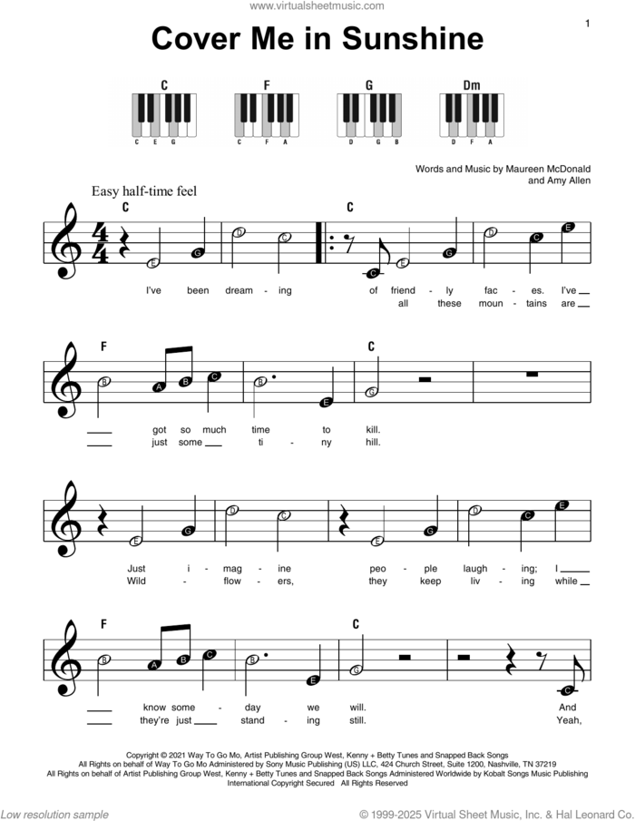 Cover Me In Sunshine, (beginner) sheet music for piano solo by P!nk and Willow Sage Hart, Amy Allen and Maureen McDonald, beginner skill level