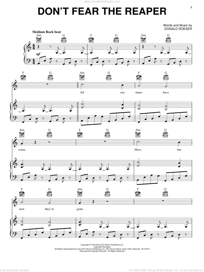 Don't Fear The Reaper sheet music for voice, piano or guitar by Blue Oyster Cult and Donald Roeser, intermediate skill level