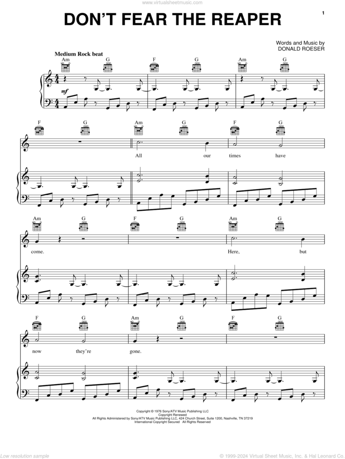 Don't Fear The Reaper sheet music for voice, piano or guitar by Blue Oyster Cult and Donald Roeser, intermediate skill level