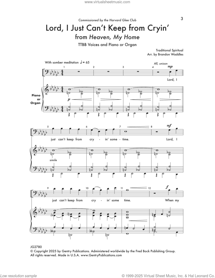 Lord, I Just Can't Keep From Crying sheet music for choir (TTBB: tenor, bass) by Brandon Waddles, intermediate skill level