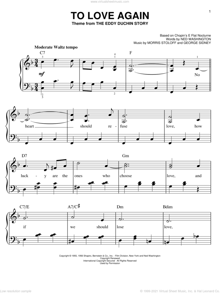 To Love Again sheet music for piano solo by Ned Washington, George Sidney and Morris Stoloff, easy skill level
