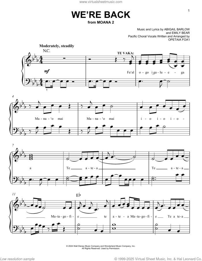 We're Back (from Moana 2) sheet music for piano solo by Opetaia Foa'i, Abigail Barlow and Emily Bear, easy skill level