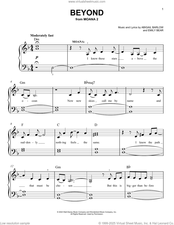 Beyond (from Moana 2), (easy) sheet music for piano solo by Abigail Barlow & Emily Bear, Abigail Barlow and Emily Bear, easy skill level