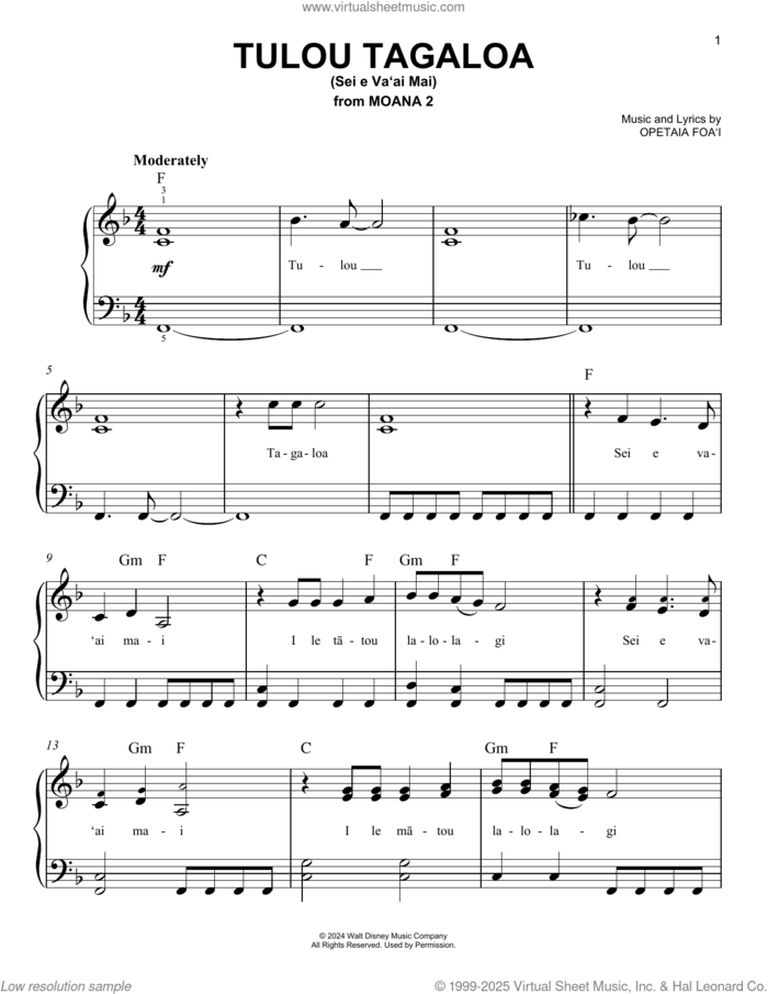 Tulou Tagaloa (Sei e Va'ai Mai) (from Moana 2) sheet music for piano solo by Opetaia Foa'i, easy skill level