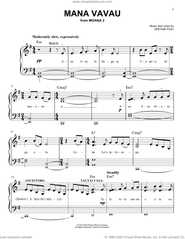 Mana Vavau (from Moana 2) sheet music for piano solo by Opetaia Foa'i, easy skill level